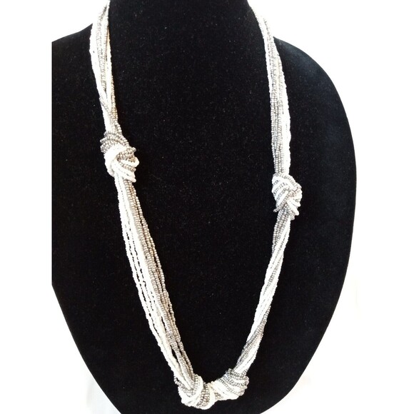Metallic Multistrand Silver & White Seed Beaded & Knotted Necklace 30"-33" - Picture 4 of 7